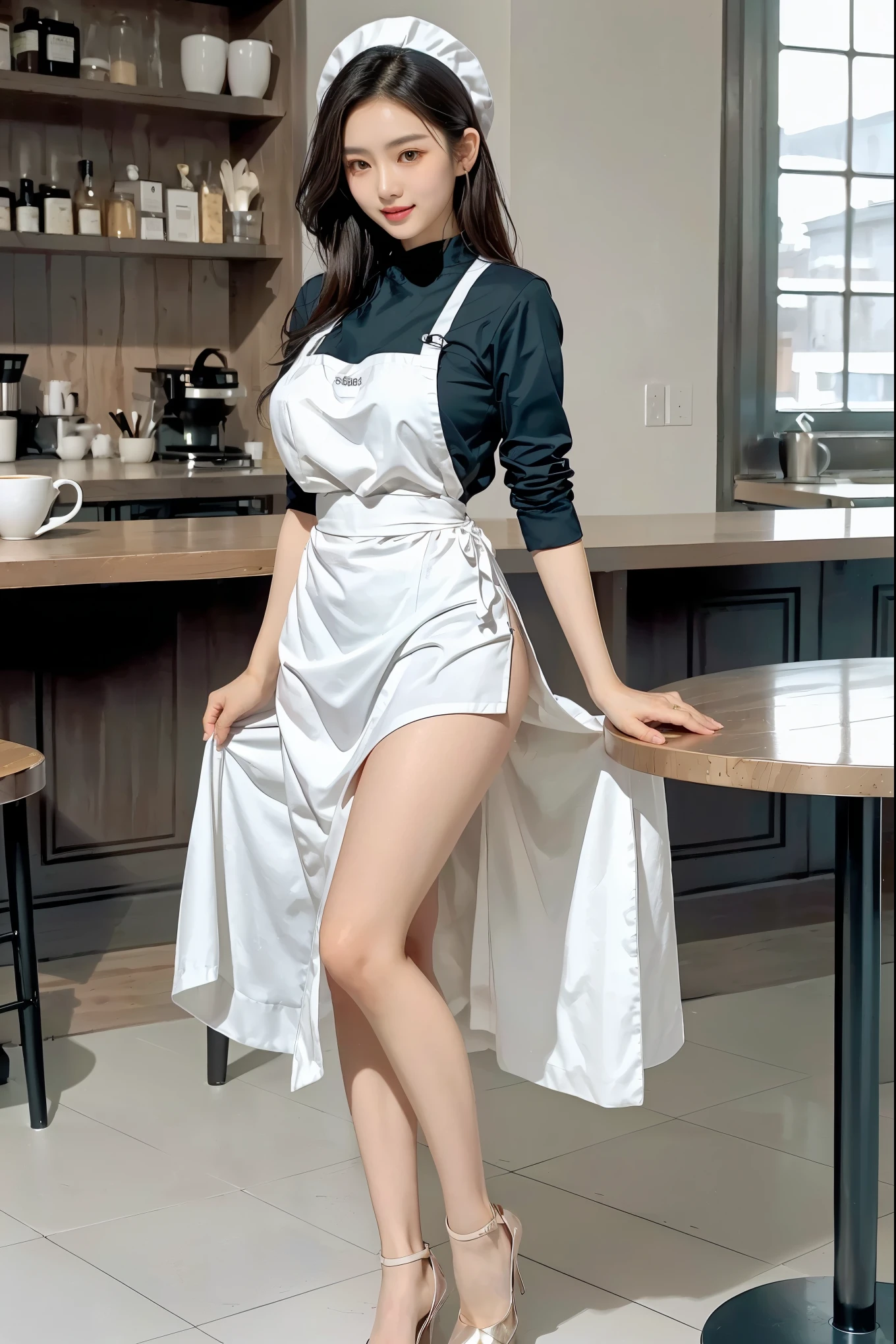 （hyper realisitc）， （illustratio）， （A high resolution）， （8K）， （The is very detailed）， （Most Best Illustration）， （beatiful detailed eyes）， （best qualtiy）， （ultra-detailliert）， （tmasterpiece）， （the wallpaper）， （Detailed face）， 独奏， （dynamicposes）， 1 rapariga， White wavy curls in the kitchen， Korea， Heterochromic eyes， Little moles under the eyes， （aprons）），，， long leges， Tighten abs， see through clothes， ssee-through， （camel-toe）， （black lence stockings）， （with no underpants）， （no-bra），（full bodyesbian）（Self-sexual gratification），