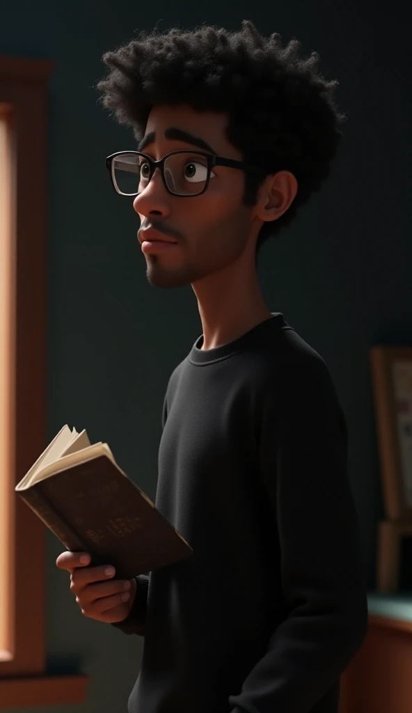 Young man, male gender, wearing black sweatshirt, thin-framed prescription glasses, medium-length black hair, afro, curly, black eyes, black skin, smooth black skin, handsome appearance, slightly muscular body, standing, with a book in his hand, away from the camera, full-body close-up, background is a room with black walls, with lighting highlighting the character, Pixar 3D animation image style