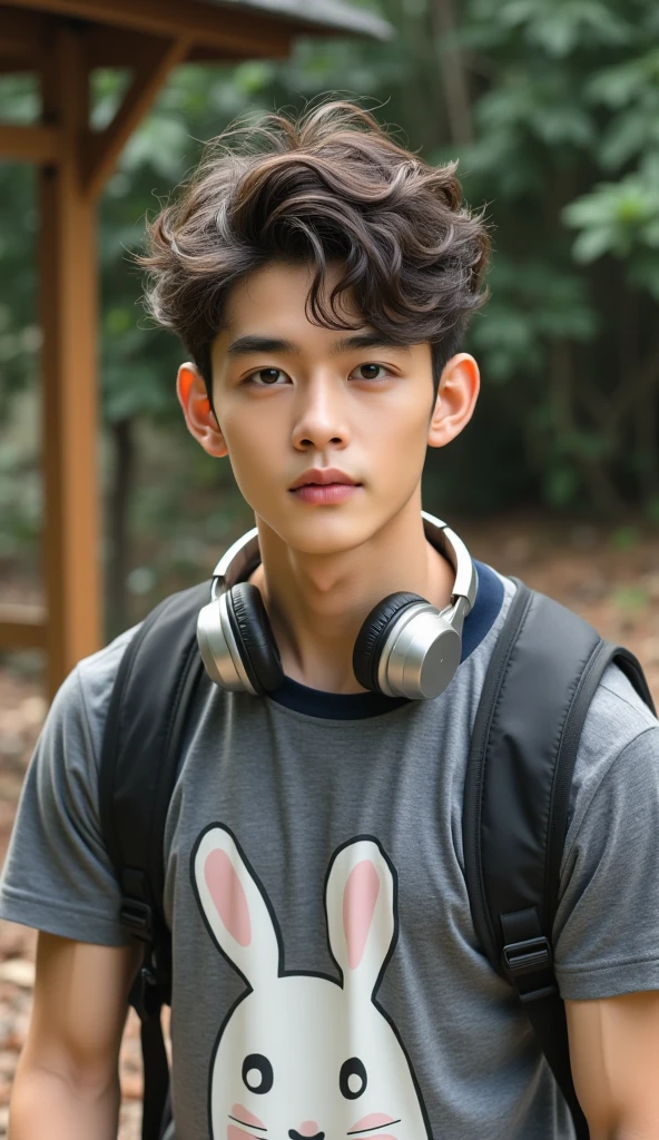 A young Asian male, positioned slightly off-center to the left of the image, is seen from a slightly elevated, close-up perspective. He has short, dark curly hair and is wearing a gray t-shirt with a black design of a rabbit's head with a heart.  The t-shirt has a navy blue collar and sleeves. His skin appears light-toned with noticeable blush on his cheeks. He's wearing silver-colored headphones draped around his neck.  His expression is neutral, and his eyes are directed at the viewer. His body type is slender, and he is likely in his late teens or early twenties. He's wearing a black backpack. The background is an outdoor setting, likely a park or a similar location, with a wooden or metal structure at the back, and leaf litter scattered on the ground. The lighting is natural and slightly diffused, with earthy tones and a muted color palette. The composition is casual and straightforward, focusing on the subject's close-up and visible clothing and accessories. The overall atmosphere is relaxed and slightly suggestive of a casual outdoor moment.