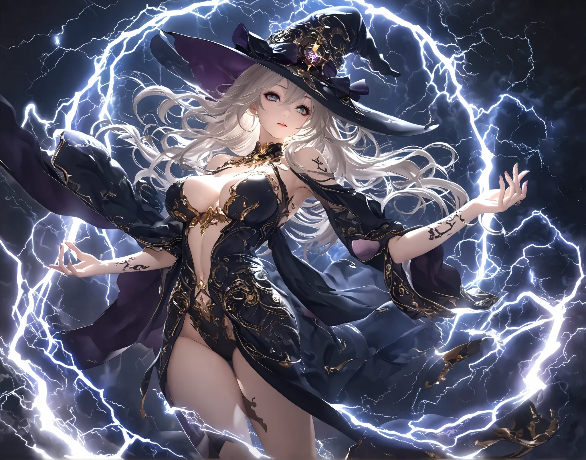(( top quality )),( ultra high definition ),( very detailed ),( detailed explanation ),(( best CG )),( Best Artwork ), Ultra Precision Art, Great Paintings ,(Exquisite art:1.5), witch, Magic Circle releasing lightning , Floating light particles, stares, 翻るwitchのローブ, Lightning Tattoos In Cleavage,