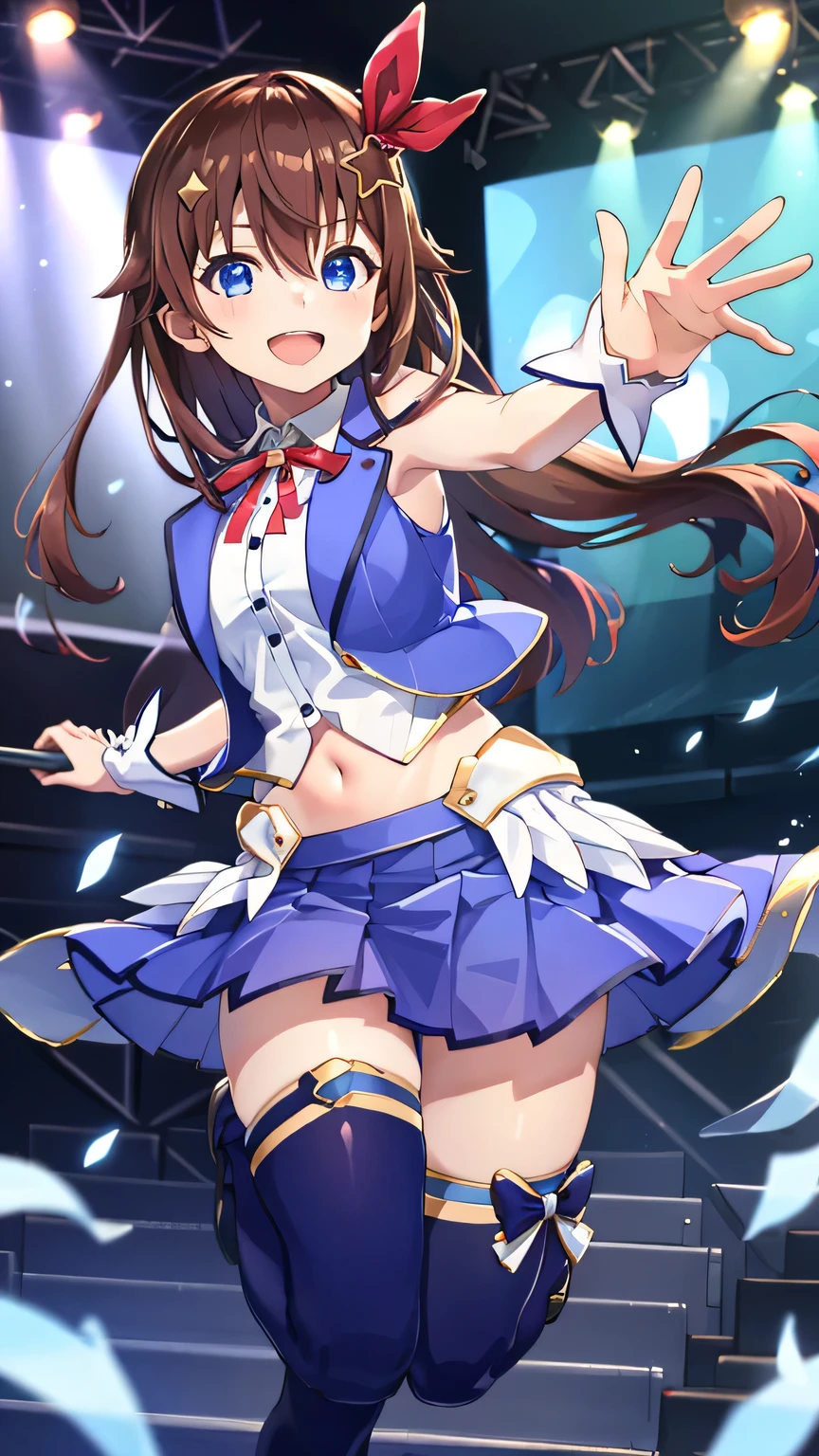 {{{masterpiece}}}, (best quality:1.5), (ultra-detailed:1.5), {illustration}, {{an extremely delicate and beautiful}}, (beautiful detailed eyes:1.6), absurdres, highres, extremely detailed face, 16k, hd, visual anime de uma jovem mulher, extremamente bonito rosto de anime, anime melhor garota, (perfect hands, perfect anatomy), anime face, Tokino Sora (HOLOLIVE), tokinosoraHL, 1girl, solo, cute face, long hair, brown hair, hair between eyes, star shaped hair ornament, hairclip, ribbon, hair ribbon, blue eyes, (High resolution eyes, Beautiful eyes, Light in the eyes), medium breasts, big hips, curvaceous, BREAK, blue vest, (open vest:1.2), white shirt, under breasts, sleeveless, midriff, red ribbon tie, wrist cuffs, (waist cape:1.1), blue skirt, pleated skirt, miniskirt, blue thighhighs, thigh ribbon, thighs, zettai ryouiki, BREAK, 1girl, solo, smile, open mouth, dancing, jumping, sing , singing, joyful, cute pose, dynamic pose, dynamic angle, indoor, stage, on stage, audience, fluttering skirt