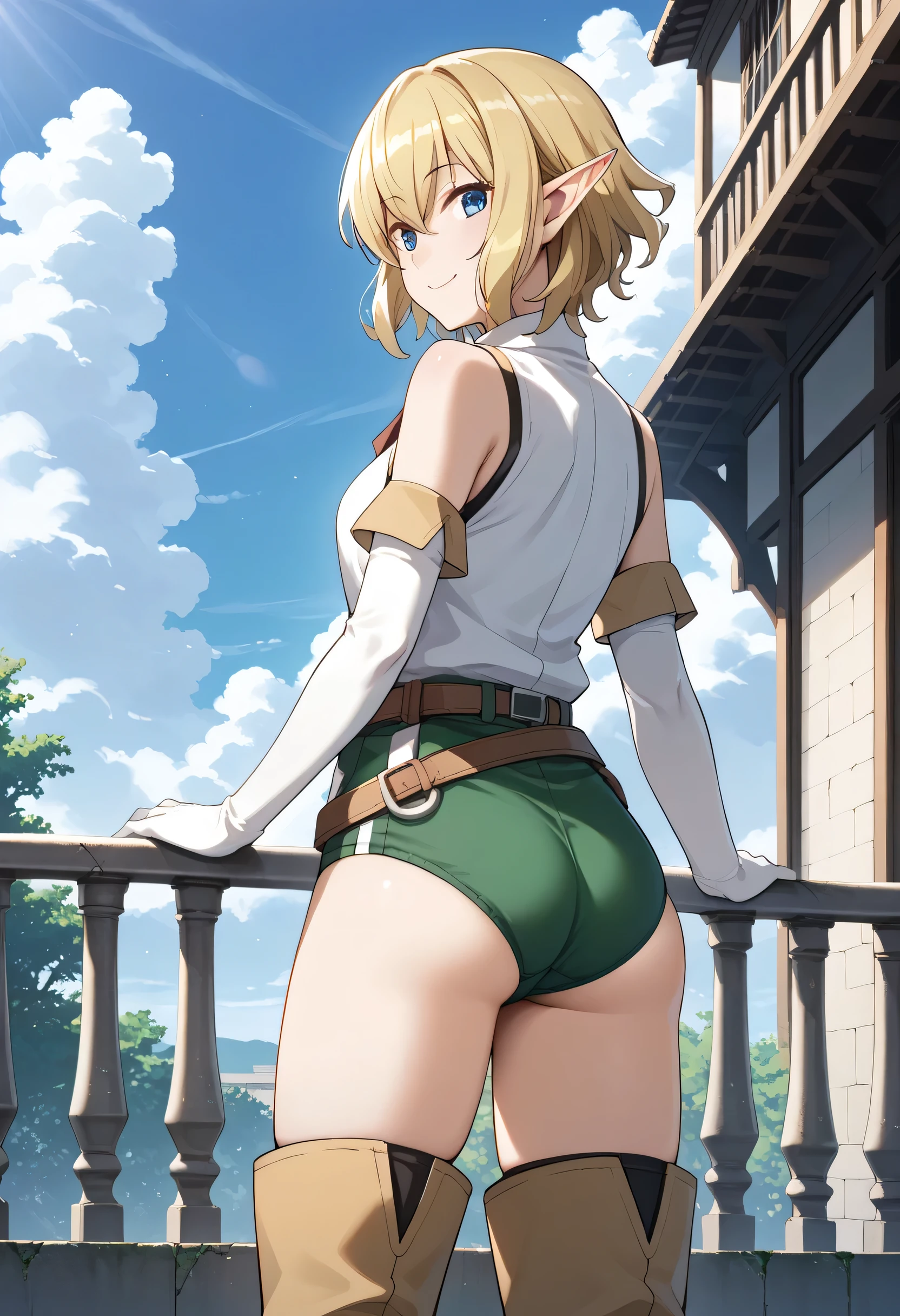 score_9, score_8_up , score_7_up , source_anime, 4K,perfect fingers,(perfect hands, perfect anatomy),prefect lighting, very aesthetic, intricate details,highly detailed background, masterpiece, high quality, best quality,, BREAK
1girl, outdoor,day,daylight,clouds,sunshine , Alone, looking back, leaning forward, place your hand on the handrail,
closed mouth,smile,
Ryuu Lion, short hair, blonde hair, hair between eyes, pointy ears, blue eyes,
sleeveless shirt,GREEN BURUMA ,belt,elbow gloves, thigh boots, standing, thighs,cute hips