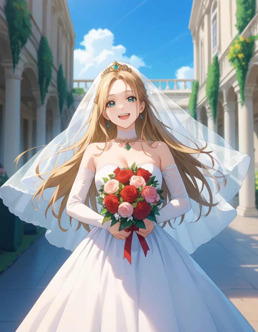 A stunningly beautiful 20-year-old woman standing in the courtyard of a luxurious mansion under a clear blue sky. She is wearing a white and blue wedding dress and holds a red bouquet with both hands in front of her chest. She looks very happy, with a radiant and joyful expression. 