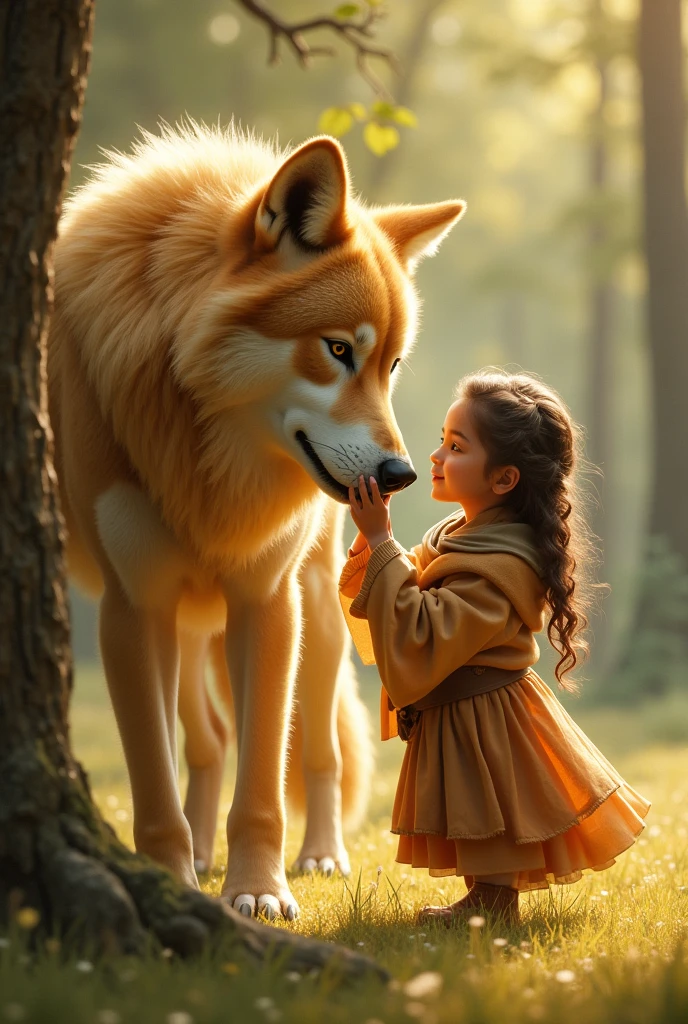 Generate me a girl helping a golden wolf