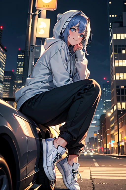 anime style, A beautiful girl, she is perched on the hood of a sports car. The character has hair. Her eyes, which are large and bright, look to the side, and she smiles shyly. She is wearing a gray hoodie sweater, with black jogger pants underneath, and white sneakers. The background of the image depicts a cityscape at night, showing the bustling city life. Lights can be seen illuminating buildings and street signs in the distance.