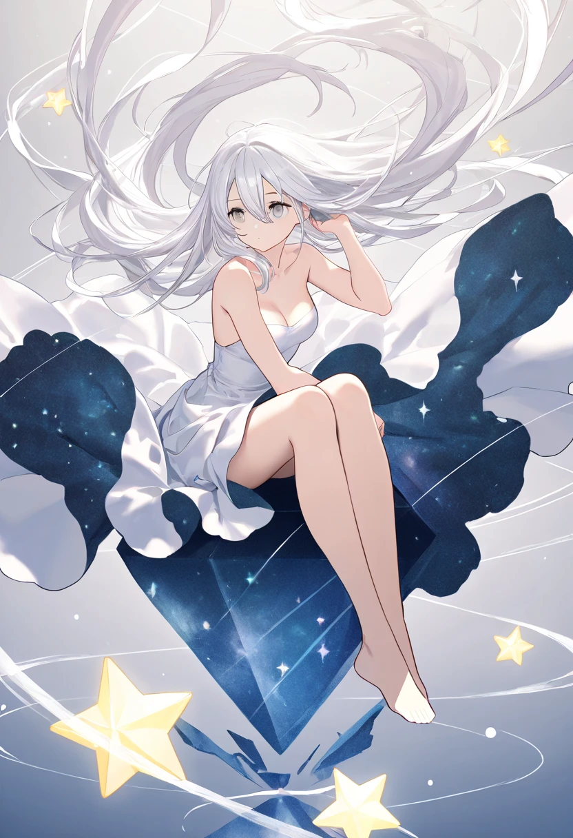 1girl, solo, long hair, breasts, dress, hair between eyes, bare shoulders, sitting, very long hair, full body, white hair, barefoot, hand up, star \(symbol\), white dress, grey eyes, bare arms, strapless, floating hair, strapless dress, floating