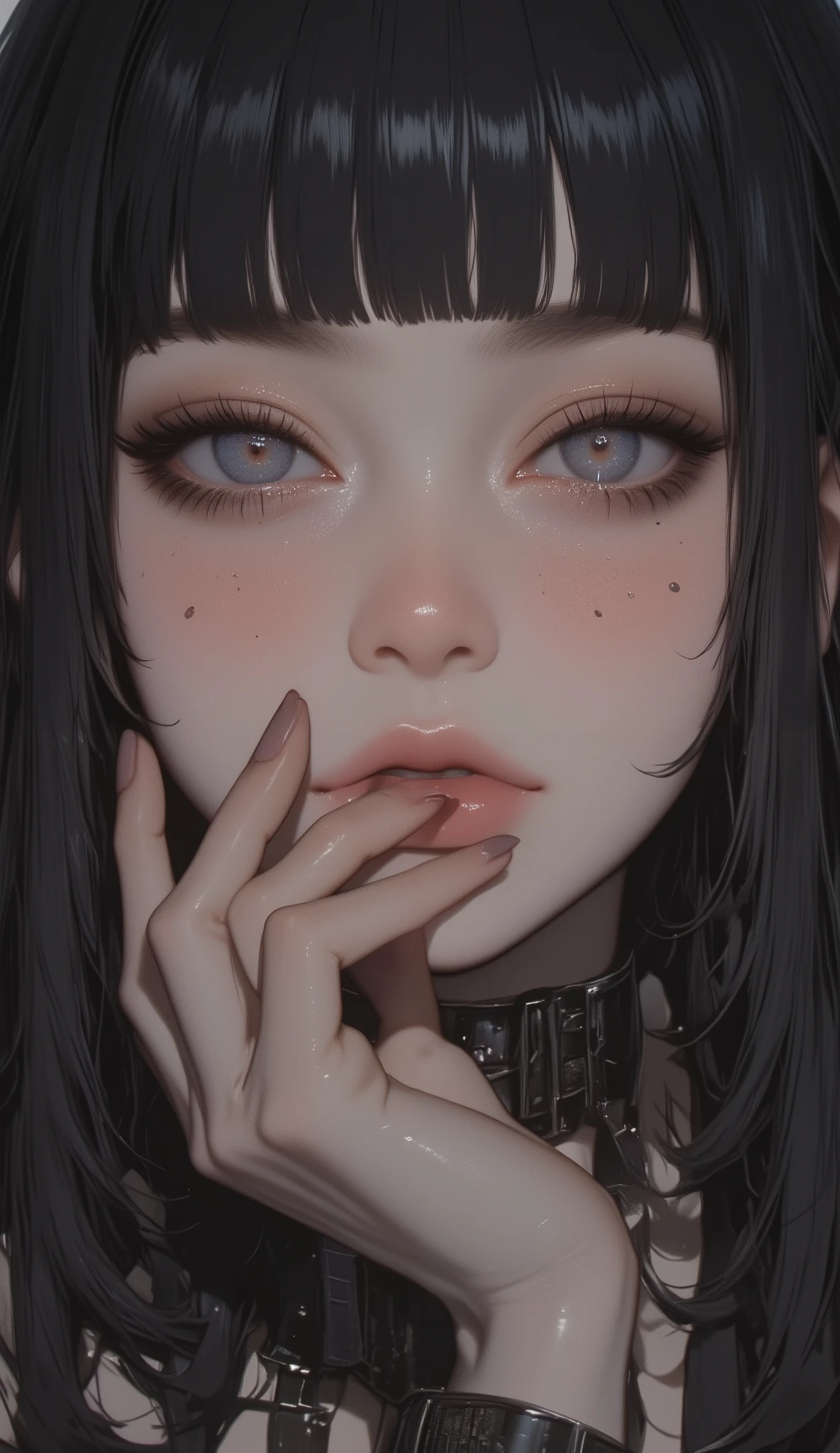 close-up, Beautiful young woman with thick lips , black hair、 black eyes, full bangs (soft illumination), ( High Resolution )/ mole on mouth/ Masterpiece, best quality , illumination, fast shutter speed , VERY REAL HANDS , anatomically accurate expression , Personal, 8k,