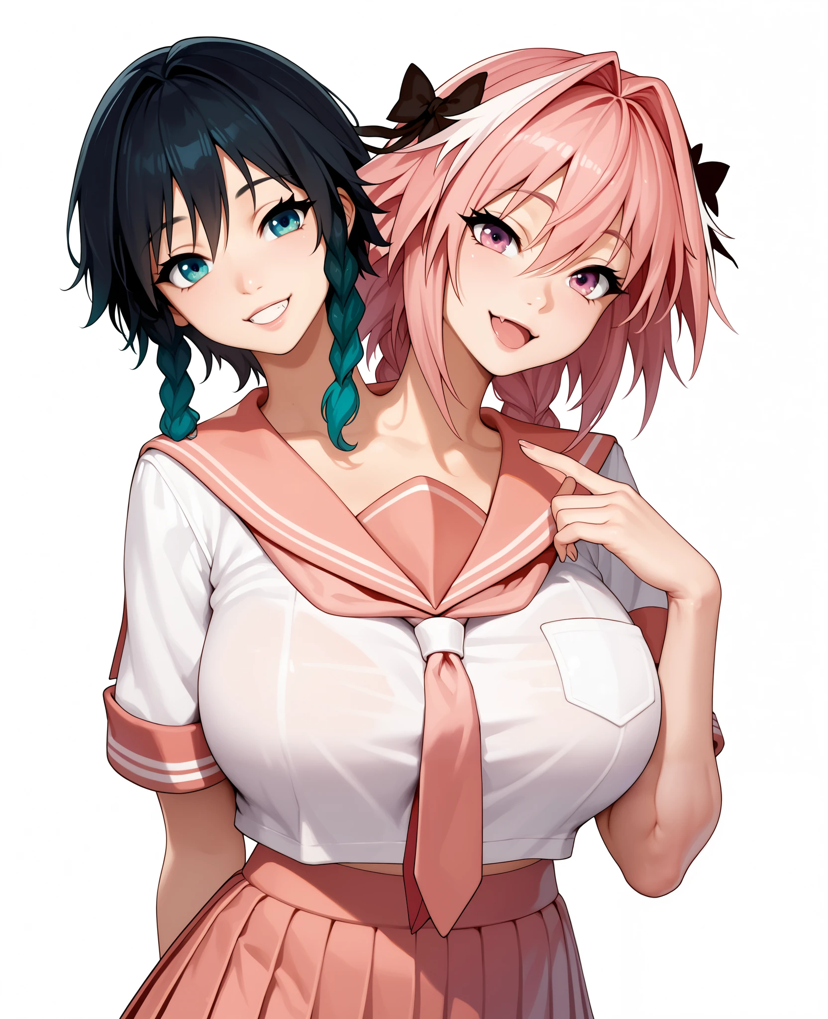 2heads, a tall thin woman with 2 heads, Astolfo, Venti, pink hair,  pink eyes, black hair, blue eyes, grinning, School uniform. large breasts. 