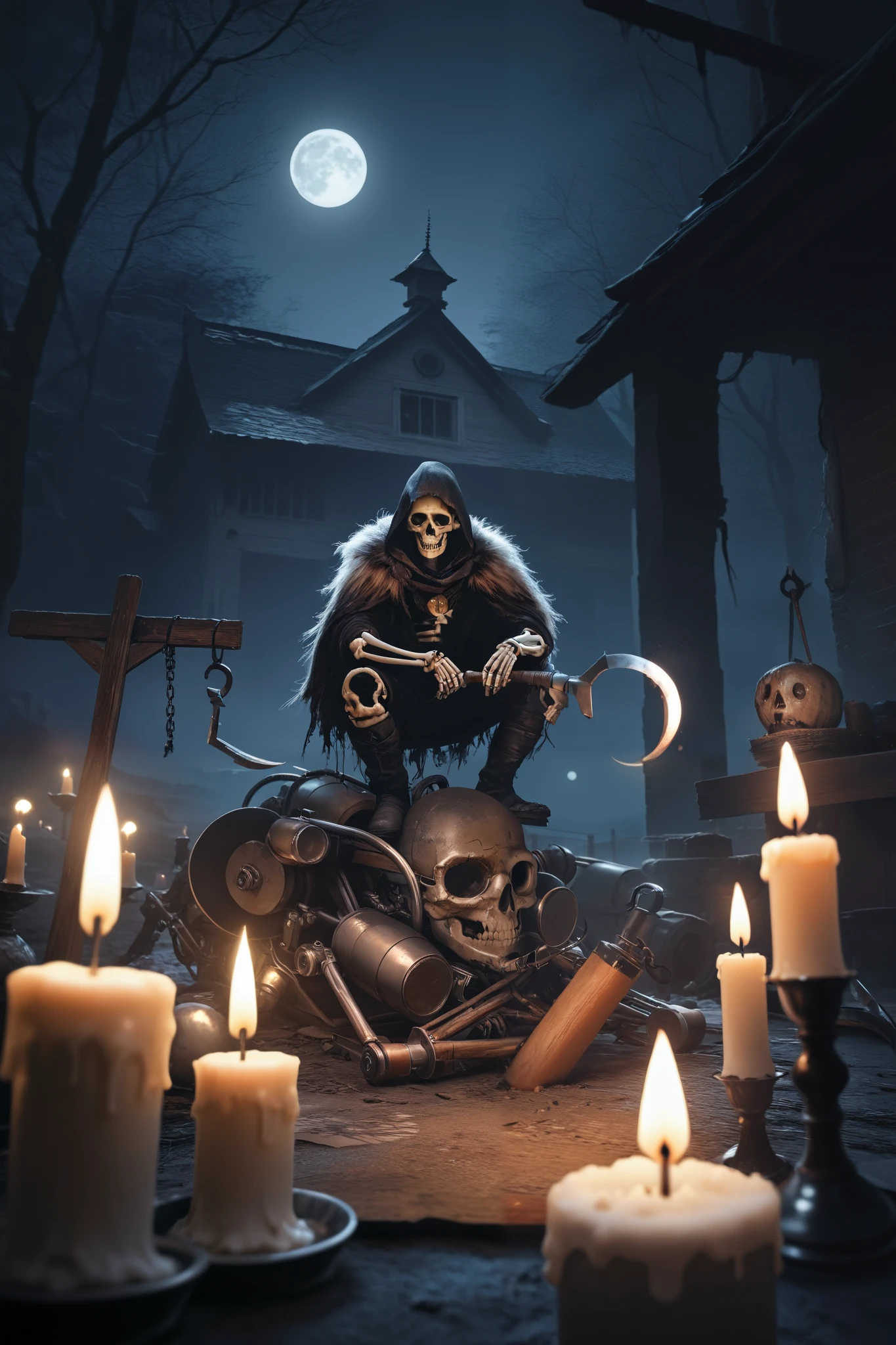 one cat skeleton men , with Machine Joint ,Candle , Moon ,Sickle