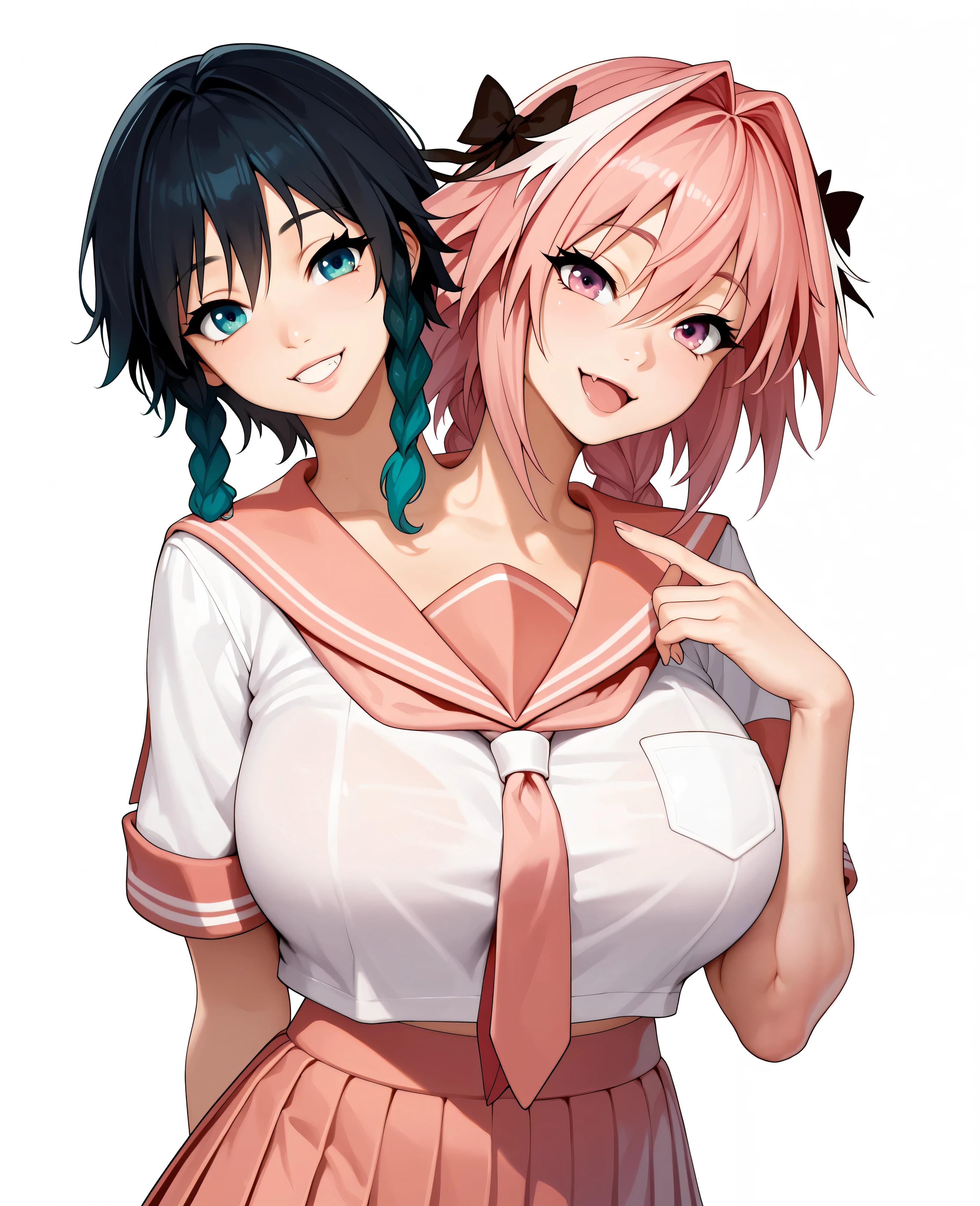 2heads, a tall thin woman with 2 heads, Astolfo, Venti, pink hair, pink eyes, black hair, blue eyes, grinning, School uniform. large breasts.
