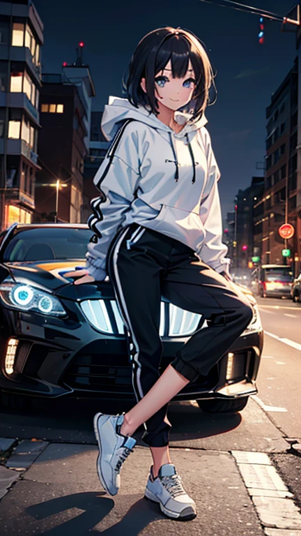 anime style, A beautiful girl, she is perched next to a sports car. The character has black hair. Her eyes, which are large and bright, look to the side, and she smiles shyly. She is wearing a gray hoodie sweater, with black jogger pants, and white sneakers. The background of the image depicts a cityscape at night, showing the bustling city life. Lights can be seen illuminating buildings and street signs in the distance.