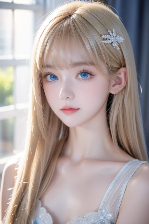  an 18 year old Scandinavian girl with a very beautiful baby face、 looking at camera、 very beautiful bright blond hair ,  silky super long straight hair, 目の間の長いbangs,、顔にかかるbangs、 wearing a long shirt 、Clothing、Upper body、 rich breasts、 In front of the window, Perfect white skin 、Gloss Face、Cheek gloss、Bright expression、 extremely bright sparkling pale marine blue eyes 、 big eyes、Small Face Beauty、 beautiful and cute girl 、Round face、bangs, Blonde, 目の間のbangs,  touch very long hair ,  hair hiding one eye ,  shiny hair, Straight Hair, Super long hair, Hair in the eyes, Too much hair, 