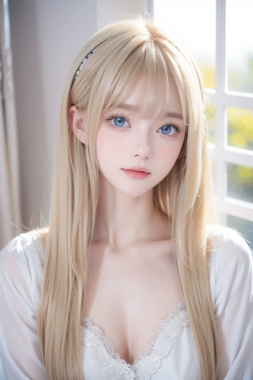  an 18 year old Scandinavian girl with a very beautiful 、 looking at camera、 very beautiful bright blond hair ,  silky super long straight hair, 目の間の長いbangs,、顔にかかるbangs、 wearing a long shirt 、Clothing、Upper body、 rich breasts、 In front of the window, Perfect white skin 、Gloss Face、Cheek gloss、Bright expression、 extremely bright sparkling pale marine blue eyes 、 big eyes、Small Face Beauty、 beautiful and cute girl 、Round face、bangs, Blonde, 目の間のbangs,  touch very long hair ,  hair hiding one eye ,  shiny hair, Straight Hair, Super long hair, Hair in the eyes, Too much hair, 