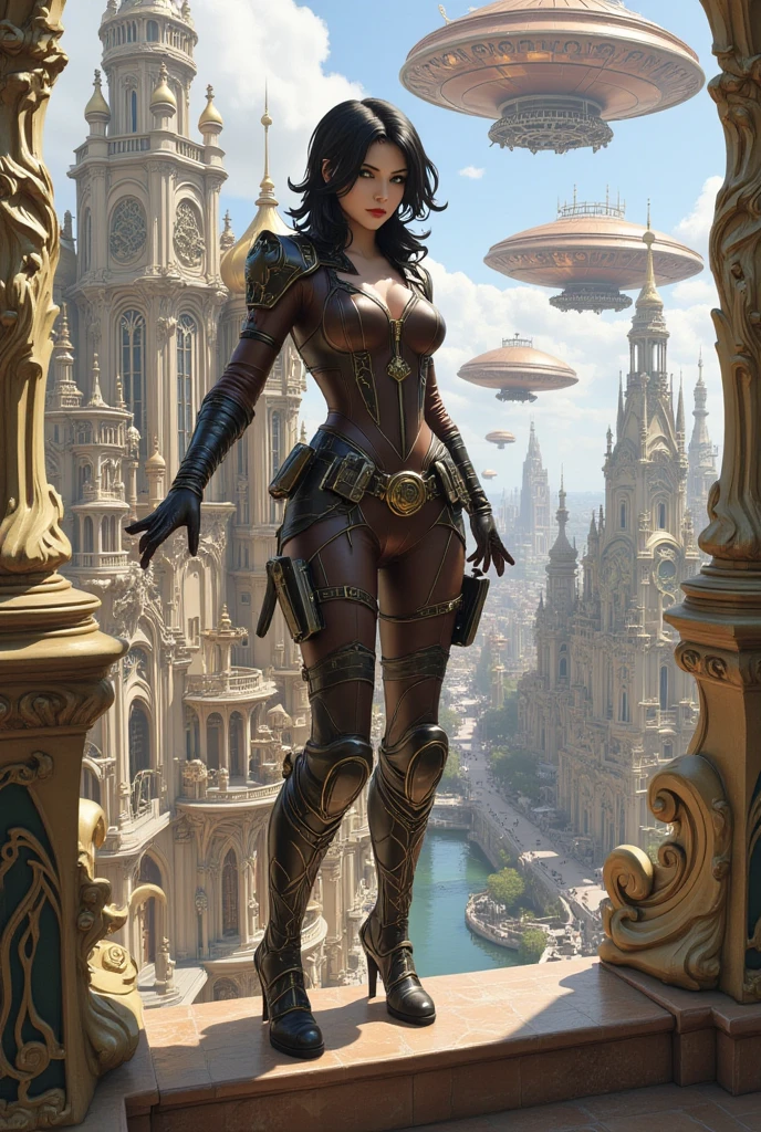 Sur les rebords d'un bâtiment haut style steampunk, les rempart haut sculpté, voyant le ville et gigantesque habitation touchant le ciel, dans un architecture art nouveau dans un monde steampumk. Ou les led zeppelin en cuivre flotte. Des drone technologique organique entre les bâtiments. Pendant, d'arrière vers le rempart, une assassin au cheveux noire court, marchant vers sa prochain en tout déterminé. Portant un un combinaison en cuire brun foncé brute, avec double zippé, des ceintures portant des lames, une paire de cuissarde elle aussi munir des rangement de lame, couvrant jusqu,au a l'arrivé de la tête. Ses yeux vert fixé sur sont objectif. Audacieux, féroce. Préparant la lame commencé a se matérialisé dans ses main vers le bas. 


