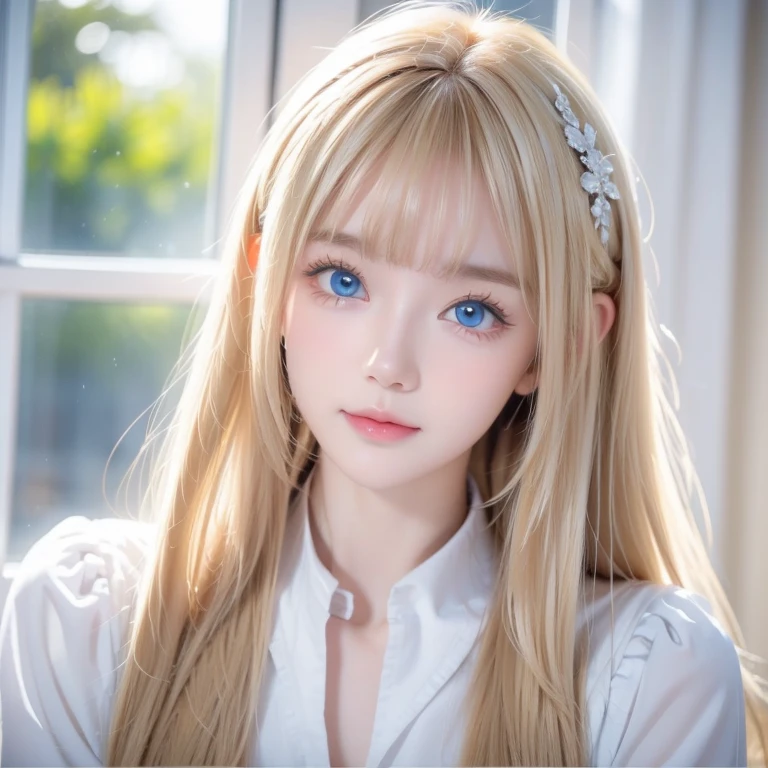  an 18 year old Scandinavian girl with a very beautiful 、 looking at camera、 very beautiful bright blond hair ,  silky super long straight hair, 目の間の長いbangs,、顔にかかるbangs、 wearing a long shirt 、Clothing、Upper body、 rich breasts、 In front of the window, Perfect white skin 、Gloss Face、Cheek gloss、Bright expression、 extremely bright sparkling pale marine blue eyes 、 big eyes、Small Face Beauty、 beautiful and cute girl 、Round face、bangs, Blonde, 目の間のbangs,  touch very long hair ,  hair hiding one eye ,  shiny hair, Straight Hair, Super long hair, Hair in the eyes, Too much hair, 