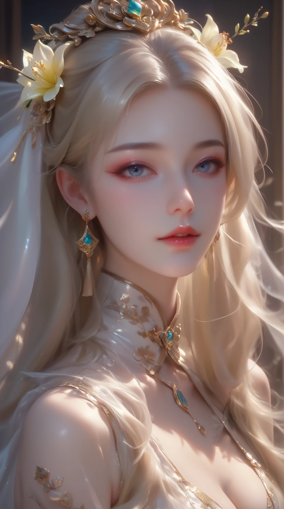 (( top quality )),( ultra high definition ),( very detailed ),( detailed explanation ),(( best CG )),( Best Artwork ), Ultra Precision Art, Great Paintings ,(Exquisite art:1.5), woman, Satin costume , detailed embroidery, gold hair ornaments with gemstones embedded , silver stick earrings , light makeup, White Lily, Chinese style lattice ,
