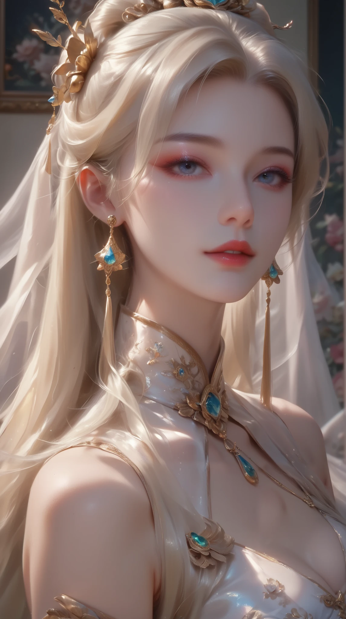 (( top quality )),( ultra high definition ),( very detailed ),( detailed explanation ),(( best CG )),( Best Artwork ), Ultra Precision Art, Great Paintings ,(Exquisite art:1.5), woman, Satin costume , detailed embroidery, gold hair ornaments with gemstones embedded , silver stick earrings , light makeup, White Lily, Chinese style lattice ,