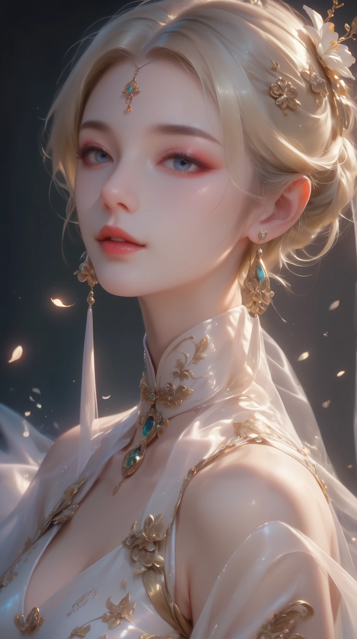 (( top quality )),( ultra high definition ),( very detailed ),( detailed explanation ),(( best CG )),( Best Artwork ), Ultra Precision Art, Great Paintings ,(Exquisite art:1.5), woman, Satin costume , detailed embroidery, gold hair ornaments with gemstones embedded , silver stick earrings , light makeup, White Lily, Chinese style lattice ,