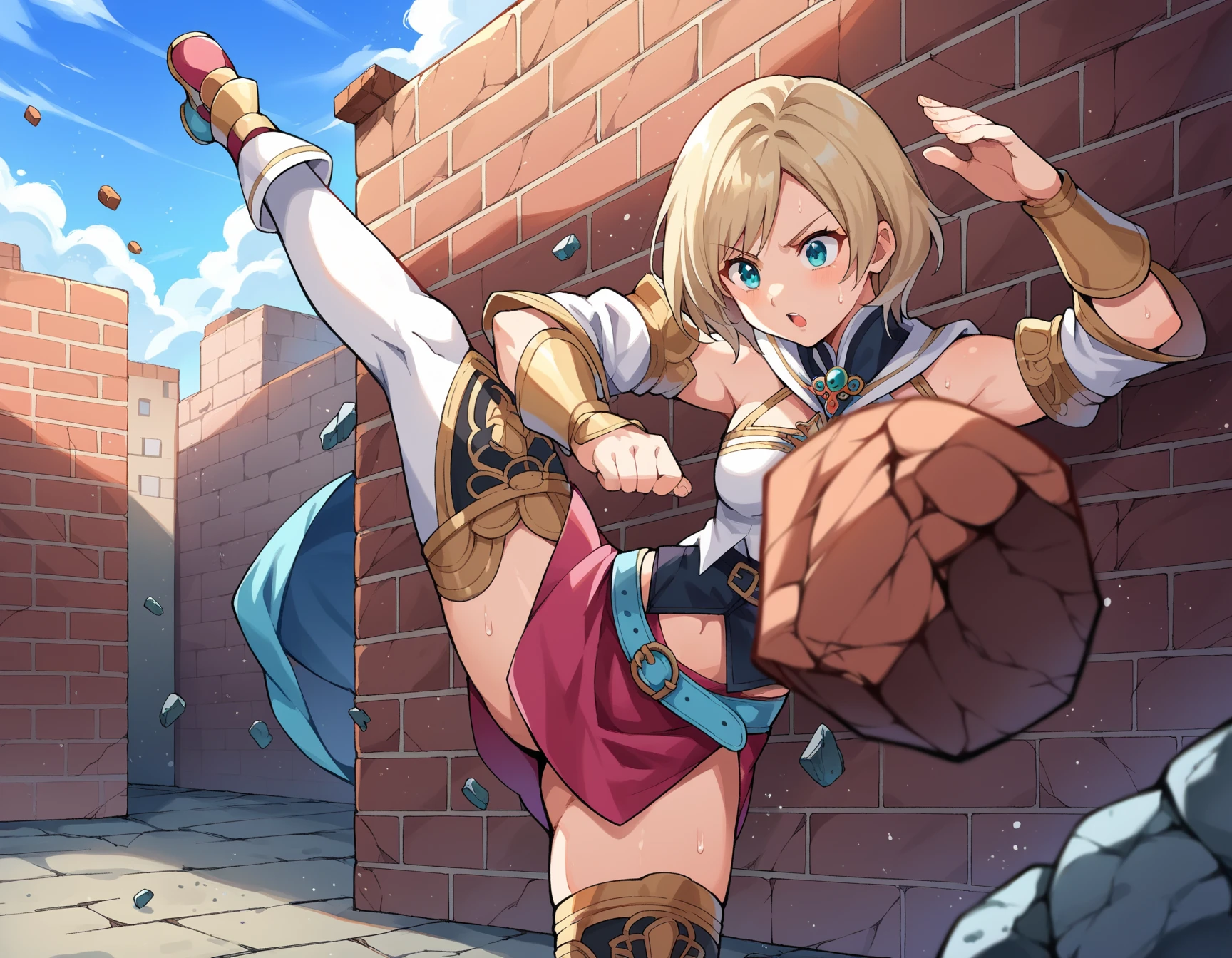 score_9, score_8_up, score_7_up, source_anime,
asheliabnargindalmasca, ashelia b nargin dalmasca, aqua eyes, blonde hair, blue eyes, short hair,high kick
belt, brooch, detached sleeves, dress, jewelry, midriff, miniskirt, skirt, thighhighs, turtleneck, raise one's legs high, an obstacle that can be kicked up, spinning kick, kick a brick, crushing bricks, ,crushing effect,flying bricks, flying stones, breaking, breaking bricks, impact, sweating, wall being crushed, wall with holes