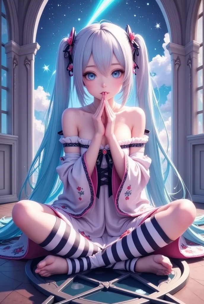 A young girl sits cross-legged on a large pentagram model, smile, ultra detailliert, Beautiful body, Beautiful face, High quality, Good anatomy, Glasses, ( Striped Lace Stockings ),( Add Strong Highlights to the Eyes ), ( beautiful and aesthetic :1.2), ( perfect female body), ( Soft Body Lines), Young girl, cute, kawaii, big eyes, Star pattern on pupil, shaped pupil, light pink colored hair, light-blue pupils, Sweet girl with pure white, full body, full shot, Gothic Lolita Hairband, hairclips, beautiful detailed eyes, beautiful detailed lips, long eyelashes, detailed clothing, stunning celestial background, glowing meteor, vibrant colors, cinematic lighting, ( best quality, 4k, 8k, highres, masterpiece:1.2), ultra-detailed, (realistic, photorealistic, photo-realistic:1.37),