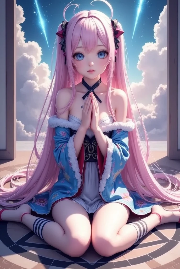 A young girl sits cross-legged on a large pentagram model, smile, ultra detailliert, Beautiful body, Beautiful face, High quality, Good anatomy, Glasses, ( Striped Lace Stockings ),( Add Strong Highlights to the Eyes ), ( beautiful and aesthetic :1.2), ( perfect female body), ( Soft Body Lines), Young girl, cute, kawaii, big eyes, Star pattern on pupil, shaped pupil, light pink colored hair, light-blue pupils, Sweet girl with pure white, full body, full shot, Gothic Lolita Hairband, hairclips, beautiful detailed eyes, beautiful detailed lips, long eyelashes, detailed clothing, stunning celestial background, glowing meteor, vibrant colors, cinematic lighting, ( best quality, 4k, 8k, highres, masterpiece:1.2), ultra-detailed, (realistic, photorealistic, photo-realistic:1.37),