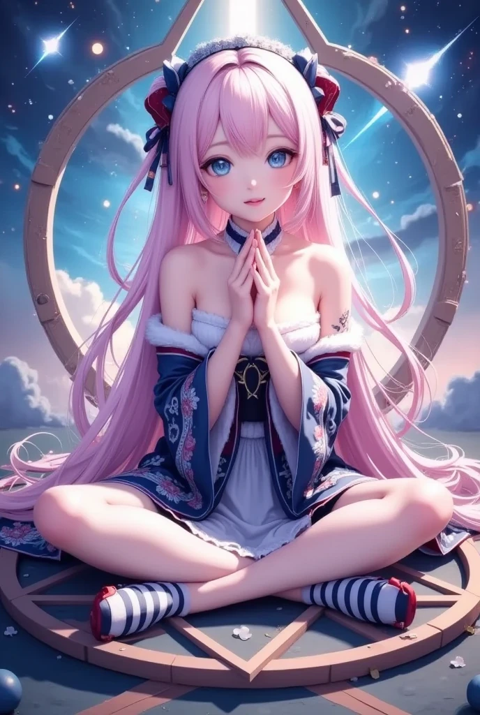 A young girl sits cross-legged on a large pentagram model, smile, ultra detailliert, Beautiful body, Beautiful face, High quality, Good anatomy, Glasses, ( Striped Lace Stockings ),( Add Strong Highlights to the Eyes ), ( beautiful and aesthetic :1.2), ( perfect female body), ( Soft Body Lines), Young girl, cute, kawaii, big eyes, Star pattern on pupil, shaped pupil, light pink colored hair, light-blue pupils, Sweet girl with pure white, full body, full shot, Gothic Lolita Hairband, hairclips, beautiful detailed eyes, beautiful detailed lips, long eyelashes, detailed clothing, stunning celestial background, glowing meteor, vibrant colors, cinematic lighting, ( best quality, 4k, 8k, highres, masterpiece:1.2), ultra-detailed, (realistic, photorealistic, photo-realistic:1.37),