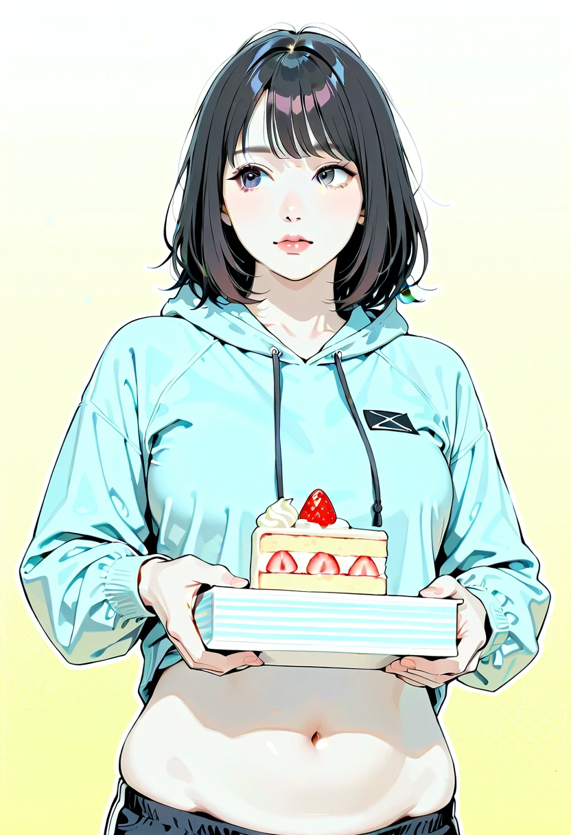 (( Extremely Detailed CG Unit 8K Wallpaper, ​masterpiece,  High Resolution ,  top quality ,  top quality のリアルテクスチャスキン)), (  very beautiful woman ,   plump lips,  upper body,  pocket :1.5, Japanese-style shortcake outer box:1.2,  hoodie, Ultra Mini Shorts), ( Dark Hair Eyes ,  messy hair,  white skin), ((Colored Background Design, Japanese pattern background , Warm colors)), ( surreal,  digital paint),