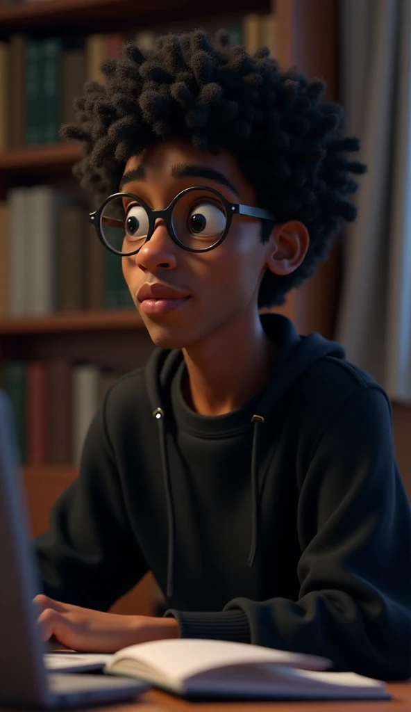 Young man, male gender, wearing black sweatshirt, thin-framed prescription glasses, medium-length black hair, afro, curly, black eyes, black skin, smooth black skin, handsome appearance, slightly muscular body, standing, with a book in his hand, away from the camera, full-body close-up, background is a room with black walls, with lighting highlighting the character, Pixar 3D animation image style