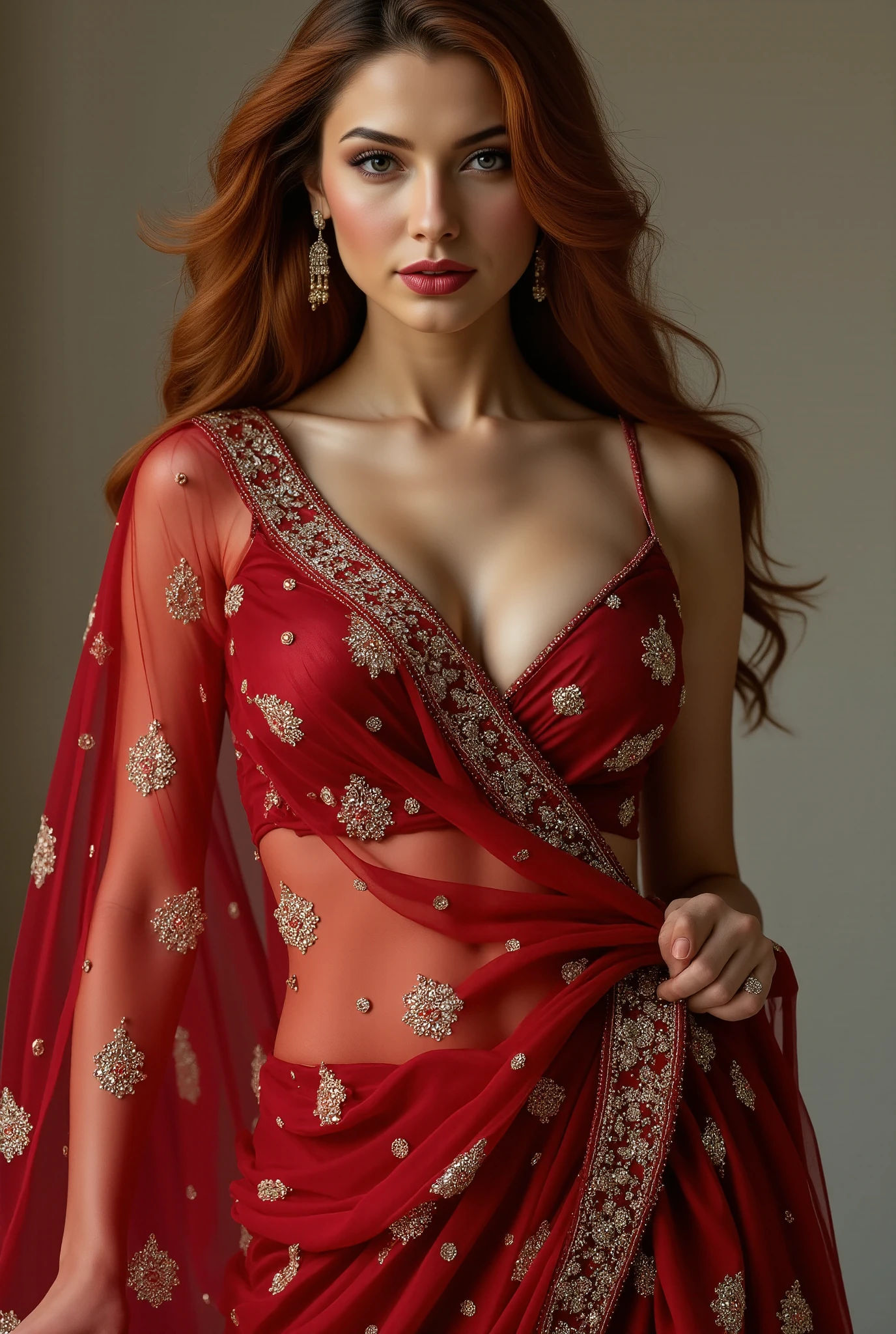 Beautiful young Indian girl ,  red straight hair,big breasts deep cleavage, in stunning  bedazzled red saree beautiful poses 8k hyperrealstic full detailed 