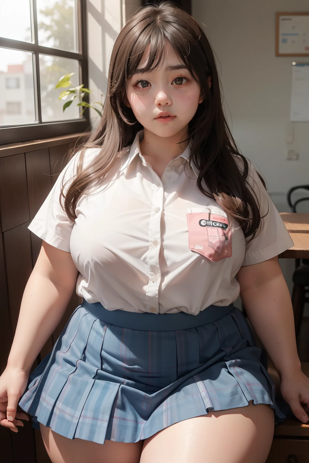 Makima de l'anime "chainsaw man", bbwchan, corps entier, magnifique et ultra détaillée. Ssbbw, obésité morbide, Cheveux rouges, yeux jaunes, visage gras, visage ultra détaillé et doux. Chemise, jupe en jean, pose dynamique, soleil, gros ventre rond et moux débordant sur la table