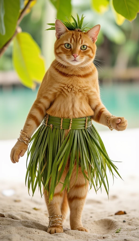 an orange cat standing, wearing a skirt made of coconut leaves, wearing a leaf bun on her head, wearing bracelets on her hands, a beach vibe