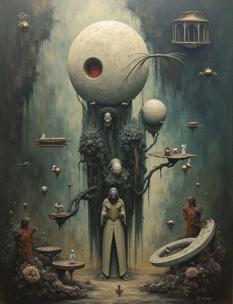 painting \(medium\, oil painting \(medium\), science fiction, illuminated, (expressionist), dread, (fascinating), (beautiful), breathtaking, (colorful:1.3), (detailed:1.2), (futurism:1.2), (surreal:1.1), (otherworldly), <lora:by_zdzislaw_beksinski_finetuned:0.4>, (zdzislaw beksinski:0.7)