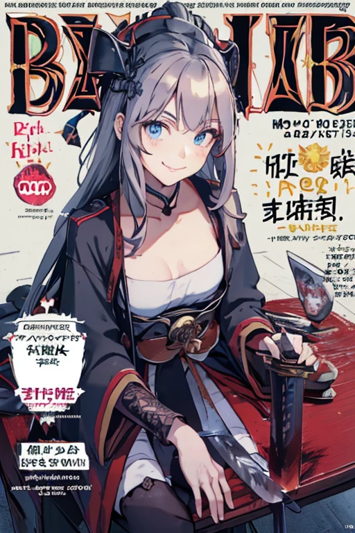Himiko robe with blood stained mouth and a card with a blue eagle logo in her hands, his expression is curious with a smile