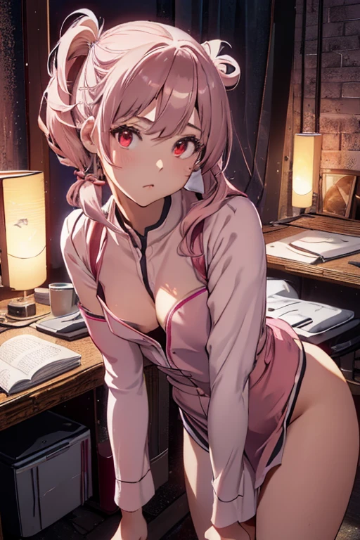 masterpiece, Best quality (4k). Place: Japanese office, cabinet. The girl can be seen in full growth, including feet. The girl sits on the table and spreads her legs in dark stockings, she's wearing a skirt, no panties, the blouse is unbuttoned like this, you can see medium sized breasts, pink hair with purple streaks in a ponytail, There are no bangs, The forehead is visible, The face is detailed, rounded chin, light blush on the cheeks, highly detailed gray-green eyes, ultra quality eyes, the iris of the eyes is smooth, same iris size, breasts are slightly larger than small, Regular shape, wide pelvis, Hips, high quality drawing of fingers. Careful finger and eye care. Stockings on legs