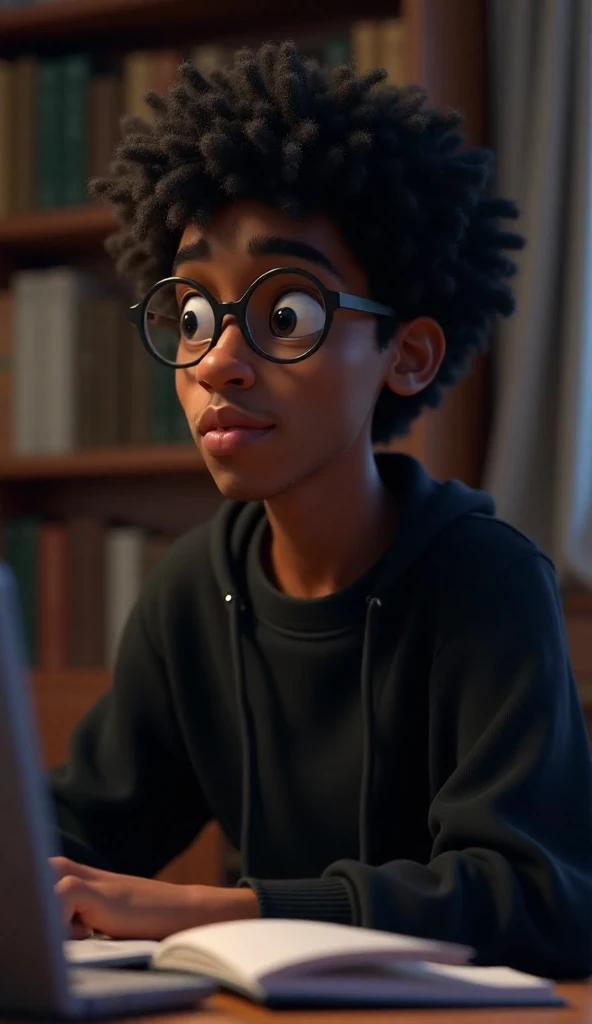 Young man, male gender, wearing black sweatshirt, thin-framed prescription glasses, medium-length black hair, afro, curly, black eyes, black skin, smooth black skin, handsome appearance, slightly muscular body, looking directly at a computer, away from the camera, close-up from the chest up, background with a slightly dark library, but with lighting highlighting the character, Pixar 3D animation image style