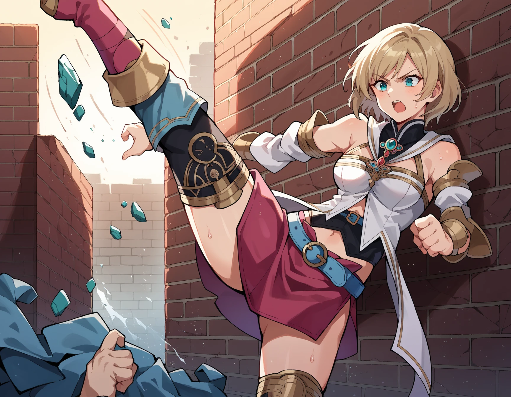 score_9, score_8_up, score_7_up, source_anime,
asheliabnargindalmasca, ashelia b nargin dalmasca, aqua eyes, blonde hair, blue eyes, short hair,high kick
belt, brooch, detached sleeves, dress, jewelry, midriff, miniskirt, skirt, thighhighs, turtleneck, raise one's legs high, an obstacle that can be kicked up, spinning kick, kick a brick, crushing bricks, ,crushing effect,flying bricks, flying stones, breaking, breaking bricks, impact, sweating, wall being crushed, wall with holes