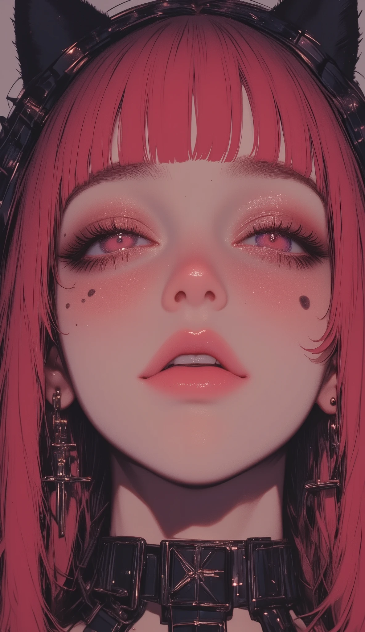 close-up, Beautiful young woman with thick lower lips, pink hair、 black eyes, full bangs (soft illumination), ( High Resolution )/ mole on mouth/ Masterpiece, best quality , illumination, fast shutter speed , cute, Personal, 8k, White Breath、Scarred Face