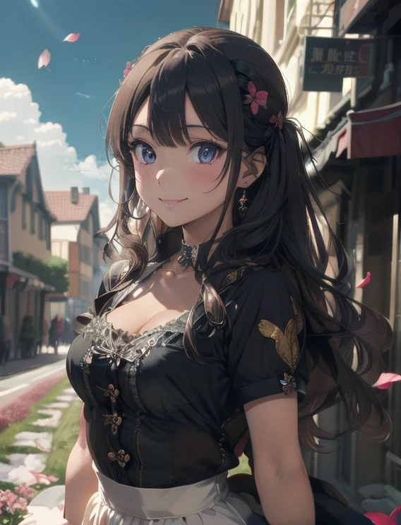 Composition, Best Quality, Young Beautiful Girl, Ultra Detailed, Official Art, Unity 8k Wallpaper, Smirk, In the romanesque architecture streets, red and blue, Impressionist style, (loose brushstrokes): 1.2, mottled light, vivid colors, evocative atmosphere, expressive movement, painterly textures