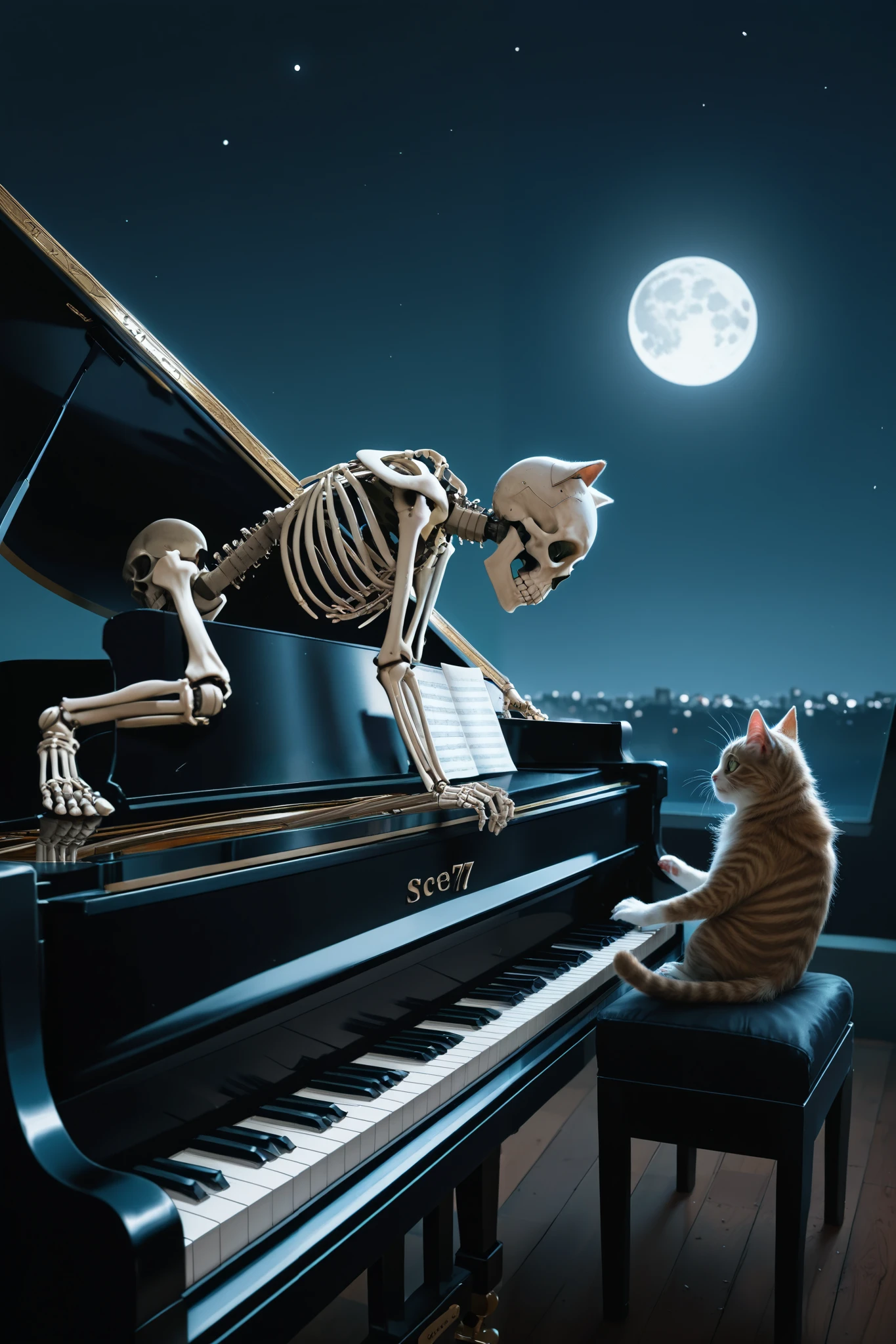 skeleton Cat, Machine Joint ,Piano , Moon ,Sickle