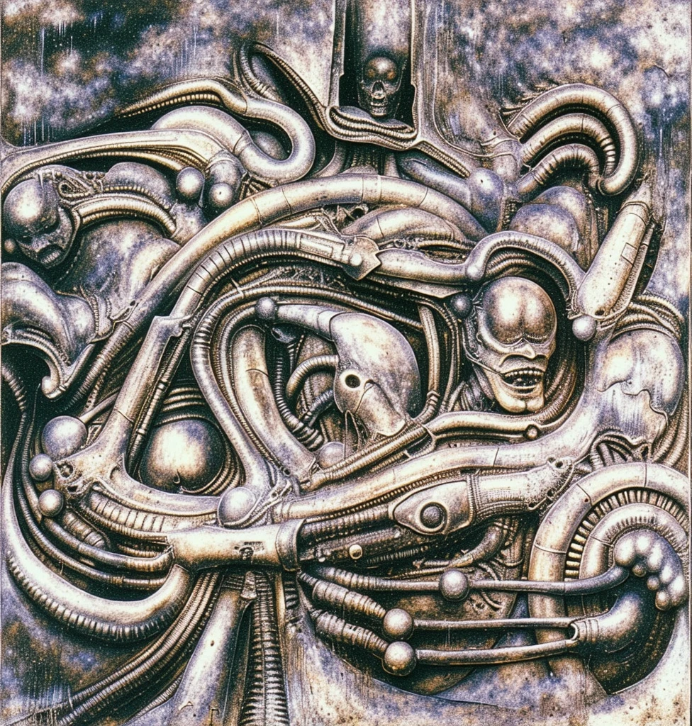 The image is a detailed view of H.R. Giger's biomechanical tableau \" Landscape XVI \" plate, featuring.
(airbrush painting, Giger's alien in front of broken alien ship in landscape, natural light, sharp focus, illustration, highly detailed, digital painting, concept art, matte, art by gric and kozhanov and moebius and Alphonse Mucha, masterpiece, HDR ,UHD , uplight, in HRGigerArhP style);1.
surrealistic painting of a monster with multiple tentacles and a body that looks like a brain, surrounded by a chaotic scene of swirling clouds and other monsters
It's a complex network of bones and organs in eldritch color scheme:a greenish-brown hue ,swirling gery and brown colors. The artwork is silverish and green brown, with an ivory bones prominently displayed. The image is highly detailed and intricate, almost like a 3d version of a medical sketchwork.
The piece is a tableau, most likely created with a India ink pen or pencil on paper, determined by the thin lines, shading techniques, and the texture of the paper, which is visible around the edges.
Used is pen, given the shading and variations in line weight visible in the image. Artist have used a variety of stylus with different degrees of hardness to achieve the shading effects.
The use of undersaturated green-grays dark contrasts creates a stark and graphic look. Is used a variety of linework techniques to create different textures. Fine, parallel lines create a smooth, metallic texture,while thicker, more cursive lines suggest cables or wires.
Light source from the top highlights skeletals, pper part of foreground, lower part of image is in shadowupper part of foreground, lower part of image is in shadow.
The art performance showcases the artist’s skills in observation and rendering. The level of detail in the piece suggests a close study of real bone specimens and mechanics. The artist has skillfully used shading techniques to create a convincing illusion of three-dimensionality on a flat surface. The wrinkles