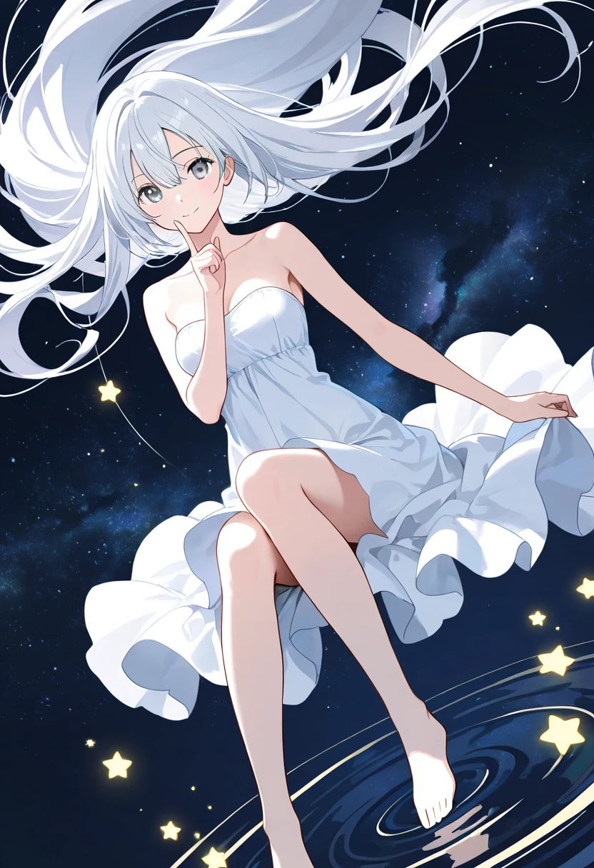 1girl, solo, long hair, breasts, dress, hair between eyes, bare shoulders, sitting, very long hair, full body, white hair, barefoot, hand up, star \(symbol\), white dress, grey eyes, bare arms, strapless, floating hair, strapless dress, floating