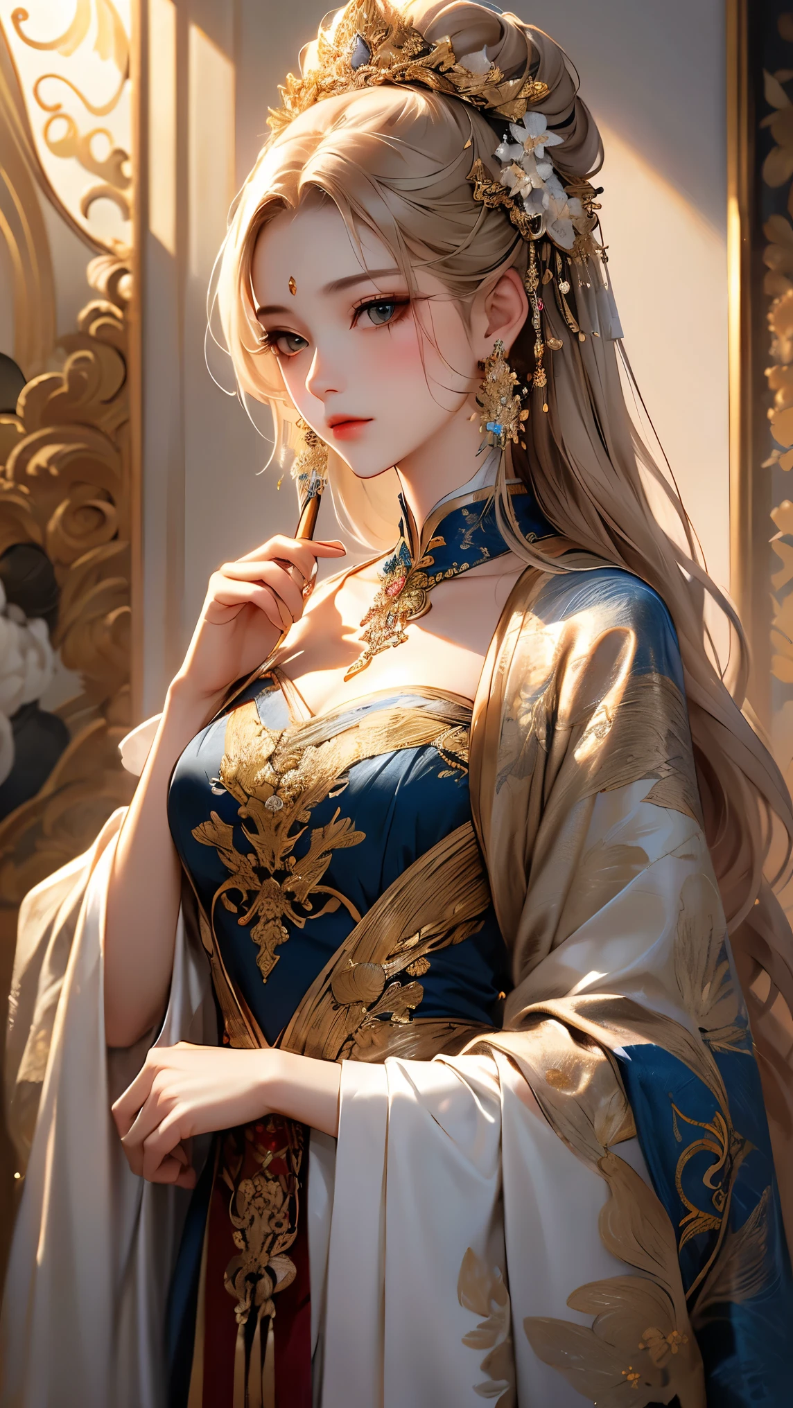 (( top quality )),( ultra high definition ),( very detailed ),( detailed explanation ),(( best CG )),( Best Artwork ), Ultra Precision Art, Great Paintings ,(Exquisite art:1.5), woman, Satin costume , detailed embroidery, gold hair ornaments with gemstones embedded , silver stick earrings , light makeup, White Lily, Chinese style lattice ,