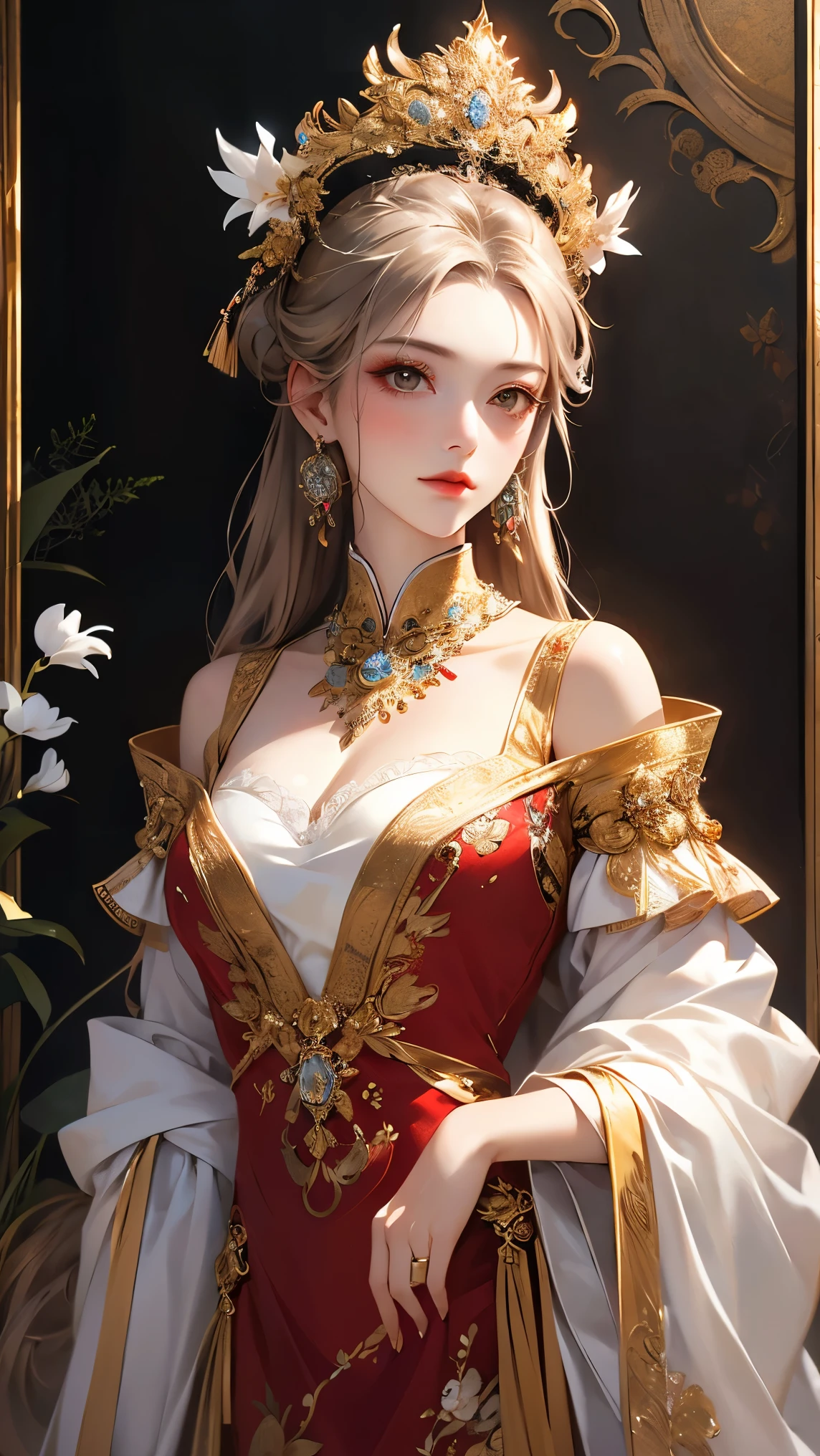 (( top quality )),( ultra high definition ),( very detailed ),( detailed explanation ),(( best CG )),( Best Artwork ), Ultra Precision Art, Great Paintings ,(Exquisite art:1.5), woman, Satin costume , detailed embroidery, gold hair ornaments with gemstones embedded , silver stick earrings , light makeup, White Lily, Chinese style lattice ,