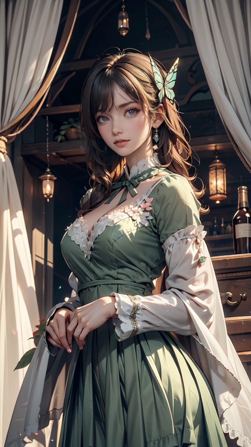Luma is an elegant person, She is beautiful and has a strong posture., Her breasts are proportionately large, Pear-shaped female silhouette, auburn hair, long auburn hair, She has expressive eyes, ( Only eyes are olive green) her skin is fair,There are some light freckles on the cheekbones, plump, farm, brown rustic clothes, bohemian clothes, farm波西米亞風時尚服裝, romantic atmosphere, fire lamp, fire sparkling, Cartoon with half straight and half curly hair in flower clothes