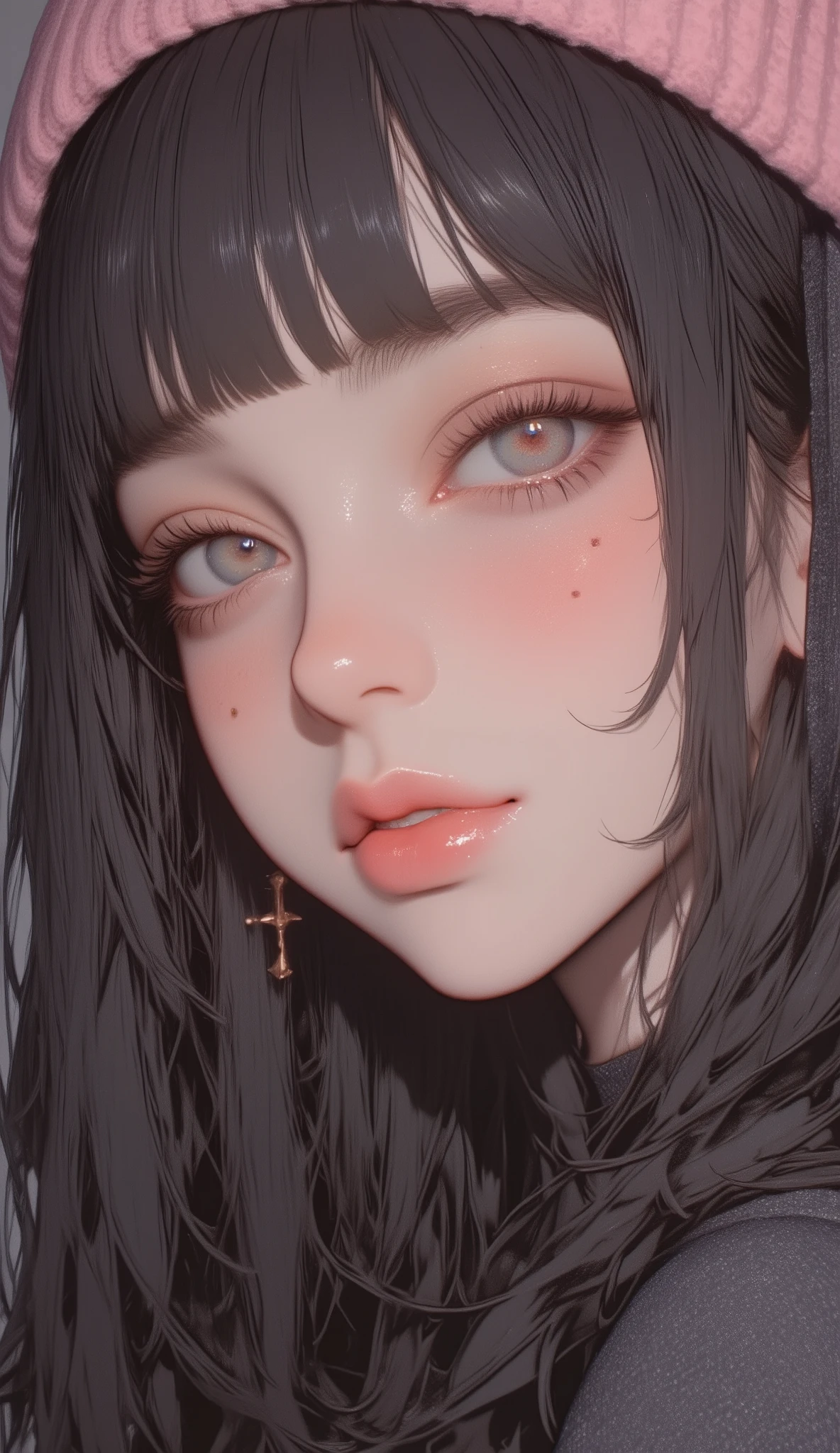 close-up, Beautiful young woman with thick lower lips, pink hair、 black eyes, full bangs (soft illumination), ( High Resolution )/ mole on mouth/ Masterpiece, best quality , illumination, fast shutter speed , cute, Personal, 8k, White Breath、 pink knitted hat 、naked