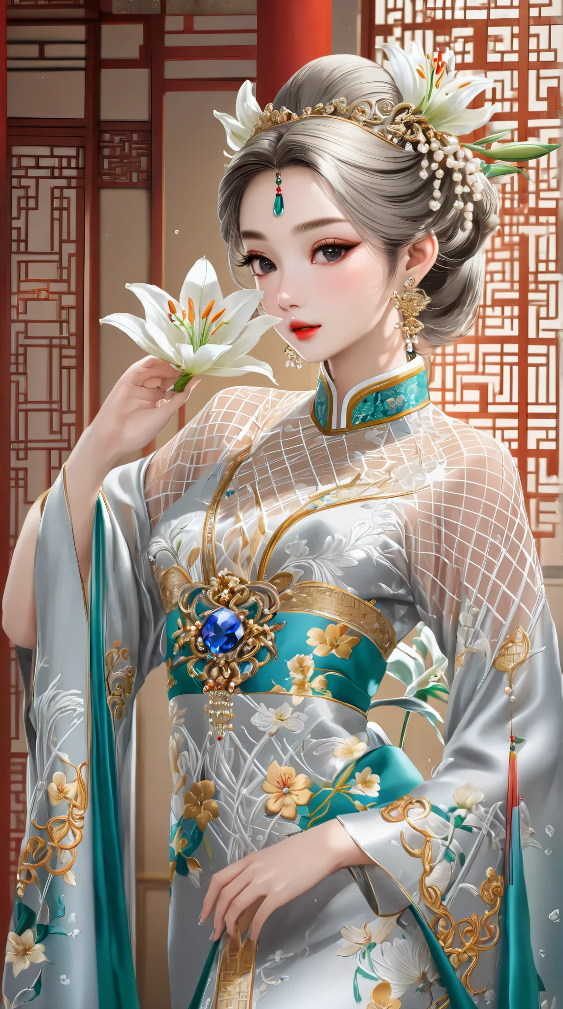 ((  top quality  )),(  ultra high definition ),(  very detailed ),(  detailed explanation  ),((  best CG  )),(  Best Artwork  ),  Ultra Precision Art,  Great Paintings ,(Exquisite art:1.5), woman, Satin costume ,  detailed embroidery,  gold hair ornaments with gemstones embedded ,  silver stick earrings , light makeup,  White Lily, Chinese style lattice , 