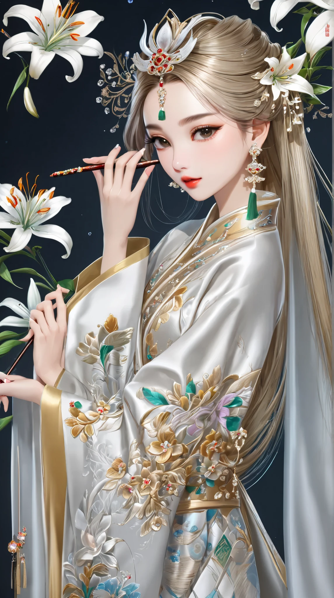(( top quality )),( ultra high definition ),( very detailed ),( detailed explanation ),(( best CG )),( Best Artwork ), Ultra Precision Art, Great Paintings ,(Exquisite art:1.5), woman, Satin costume , detailed embroidery, gold hair ornaments with gemstones embedded , silver stick earrings , light makeup, White Lily, Chinese style lattice ,