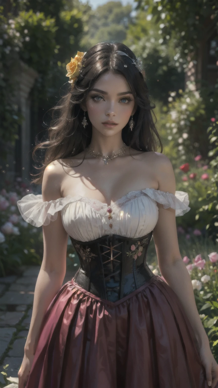  This realistic fantasy artwork ,  set in an enchanted pastel garden with bubble gum and roses. Generate a proud woman with a   highly detailed   face dressed in the billowing folds of a stunning French silk ballgown. Cute face of a woman ((((  highly detailed  ,  With realistic features and soft , plump lips.))))  The ball gown is decorated with ruffles ., scarves ,  and bows and elegant , but  intricately,   Hand-embroidered bodice  . The corset is decorated with a silk ribbon..  A woman's stunning eyes in great detail ,  with realistic shading and lots of colors and high resolution .  The woman is in the garden roses , each one beautifully formed and   highly detailed  .  These realistic roses have iridescent shades of pink , yellow, orange,  and sparkling red .  Timeless rose is a deep shade of red with shimmering pink undertones and shades of .. Make sure, that the face of a woman,  Hair,  and eyes are perfect . IMPORTANT :  include interesting details ,  wings like stars , bubbles, (( and sequins )). realism,  High fantasy ,  whimsical fantasy , The Story of Fantasia ,  Fairytale Fantasy ,  fantasy details , charming,  fascinating , 8 k, hires, cgi ,  digital painting , unity, unreal engine, ((( masterpiece))),  intricate, Elegant,   highly detailed  , majestic,   cinematic photo shoot ,  Artgerm's art ,  Ruan Jia and Greg Rutkowski  , ( masterpiece, exquisitely drawn beautiful eyes: 1.2), HDR,  realistic skin texture , (((1 woman))), (((One))), Include a   highly detailed   face,  extremely detailed face ,   and interesting background  .