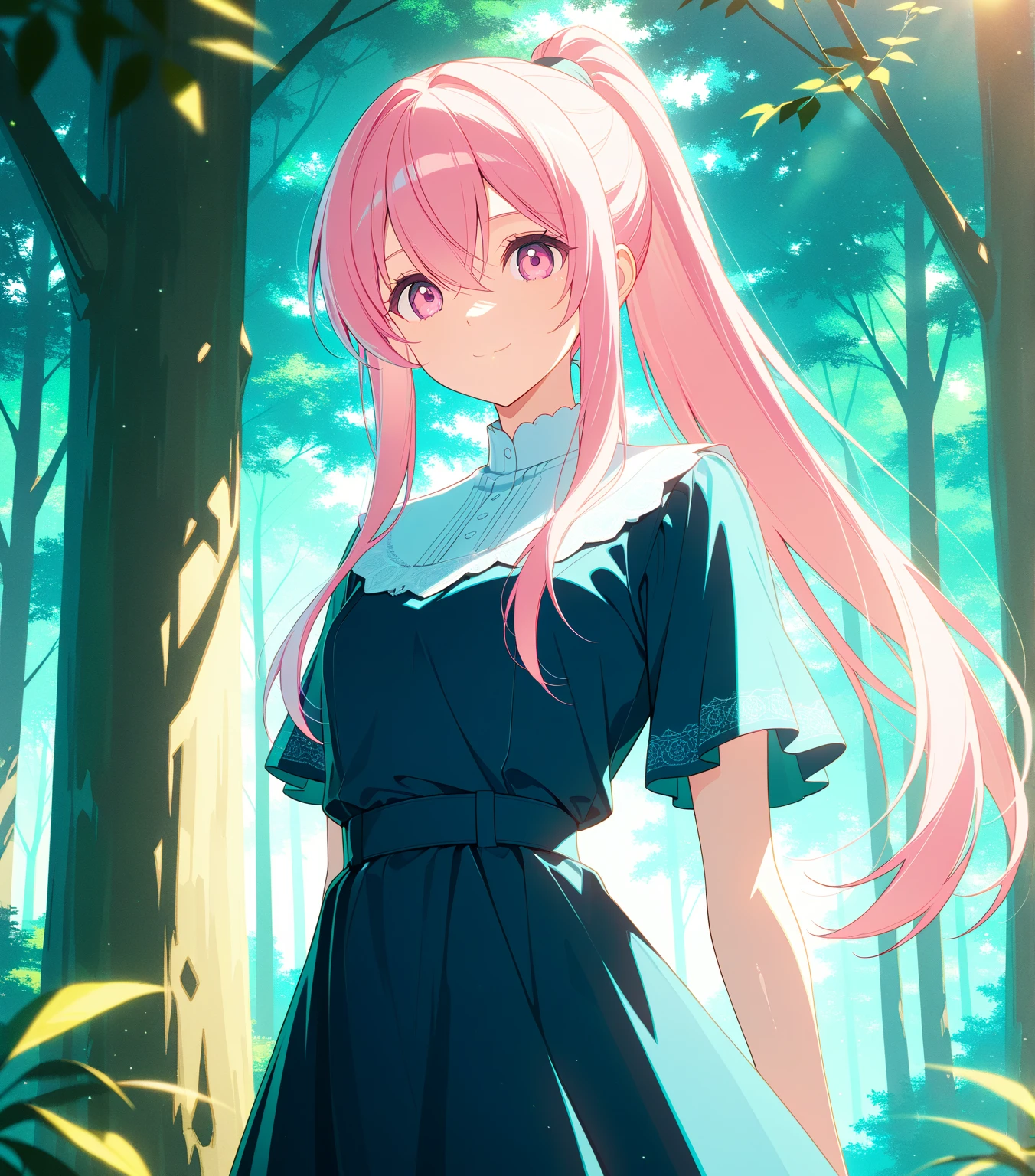 score_9, score_8_up, score_7_up, masterpiece, absurdres, source_anime,safe, 1girl, solo, adult, girl focus, adult, very detailed expressive eyes, very detailed eyes, aesthetic eyes, bright eyes, (bright pink eyes),  pink eyes, beautifully styled hair, very detailed hair, straight hair, bright pink hair, long hair, hair between eyes, (hair styled straight),  (styled ponytail), (straight hair), (straight ponytail),(slim ponytail: 1.2),styled hair,  little smile, looking at viewer, (small breasts), shiny skin, healthy skin colour, BREAK
(dark blue dress),  standing,  half body, cowboy shot, BREAK
outdoors, nature, forest, natural calm daylight, BREAK
HDR, 8K, masterpiece, best quality, amazing quality, very aesthetic, high resolution, ultra-detailed, absurdres, newest, scenery, 
aesthetic detailed background, best quality, game cg aesthetics,
 beautiful detailed eyes, detailed skin, detailed hair, light particles,  depth of field, natural shadows, 
(masterpiece), ultra-detailed, 1024k UHD wallpaper, ultra-high resolution, depth of field, HDR, Ray tracing, RTX, high saturation, photon mapping, best texture quality, best compotitions, (extremely detailed CG 1024k wallpaper), High Details, Detailed face, Detailed Clothes, Ultra HD Photo, Perfect Face, expressive eyes, bright colours