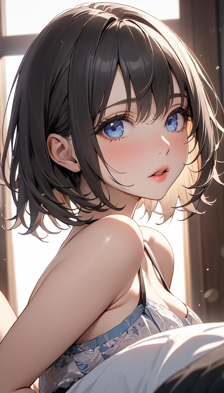 1girl, solo, breasts, looking_at_viewer, short_hair, bangs, blue_eyes, black_hair, photoshop_(medium), dress, cleavage, medium_breasts, bare_shoulders, hair_between_eyes, jewelry, closed_mouth, upper_body, sleeveless, artist_name, white_dress, lips, clothing_cutout, eyelashes, makeup, sleeveless_dress, chinese_clothes, cleavage_cutout, lipstick, portrait, red_lips